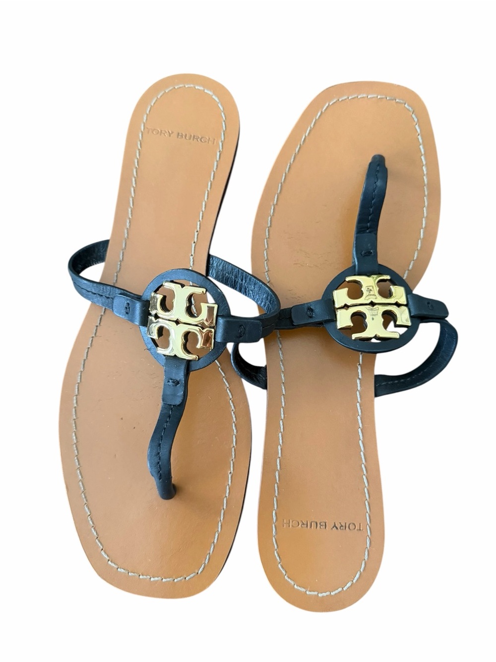 Tory Burch Black Leather Gold Logo Thong Sandals